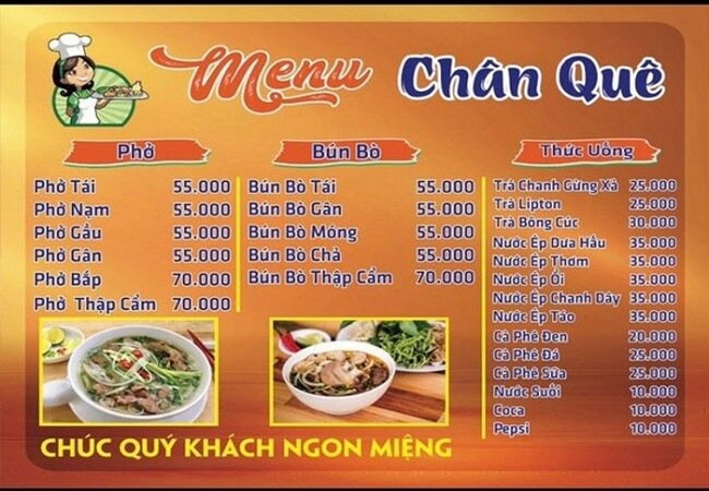 menu Phở Chân Quê