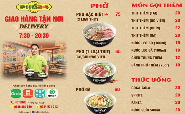 menu quán phở
