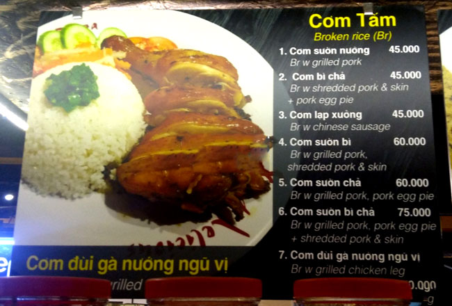 menu cơm tấm Asiana Food Town