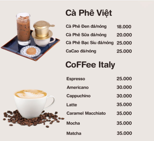 menu đa dạng loại cafe