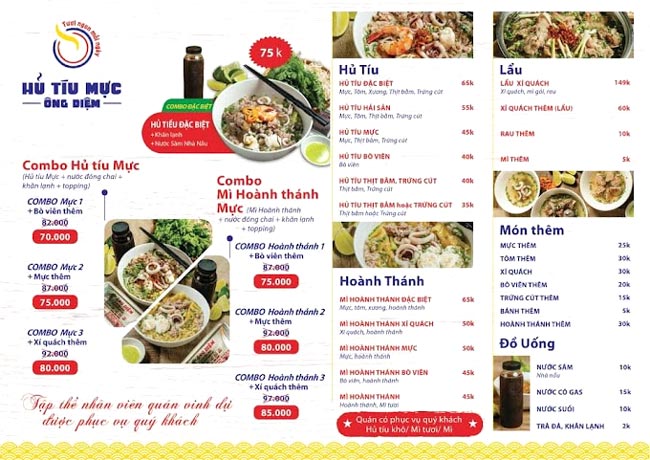 menu hủ tiếu mực ông diệm đa dạng