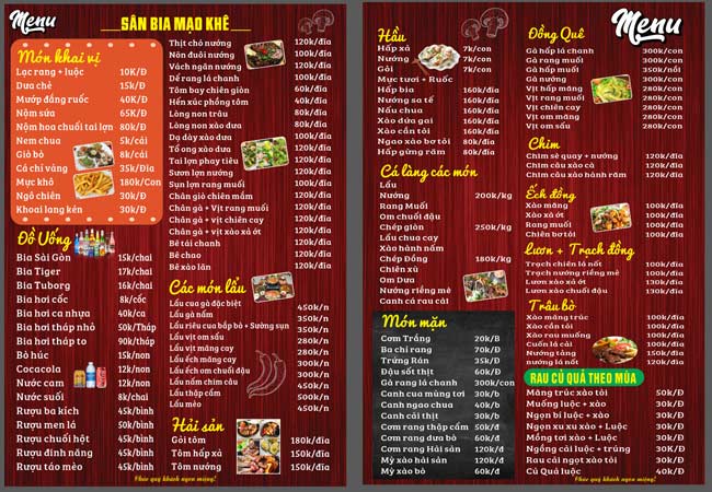 menu sân bia