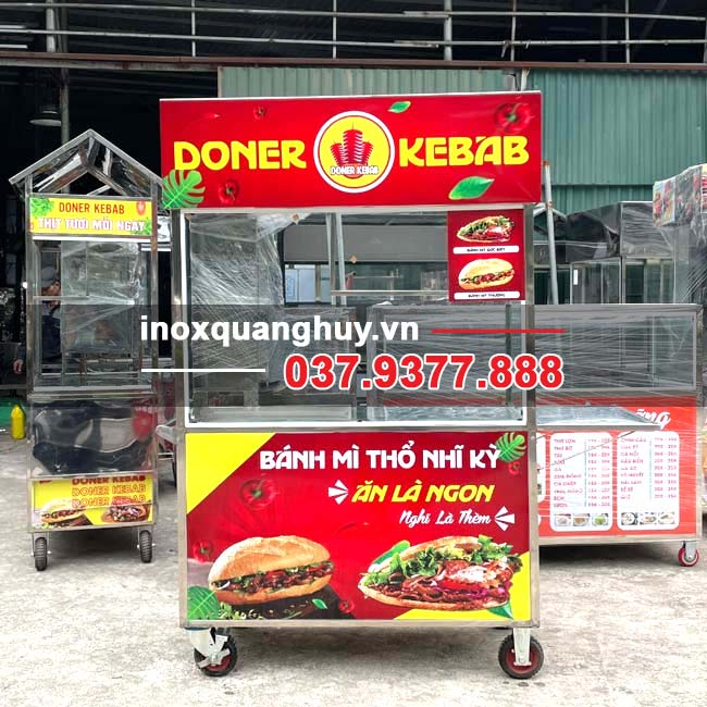 Xe đẩy bánh mì Doner Kebab 1m2 decal đỏ (kèm lò nướng)