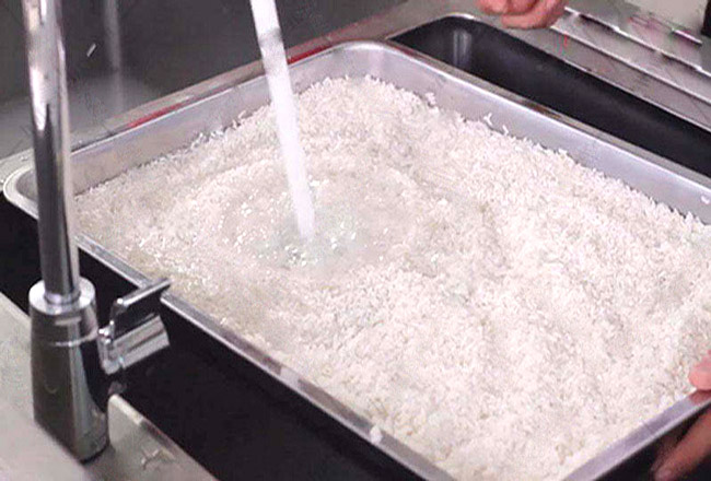 đong nước và gạo vào khay