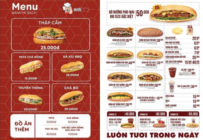 mẫu thiết kế menu bánh mì sinh động