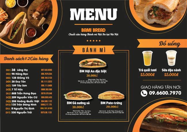 mẫu menu cho tiệm bán bánh mì sang trọng