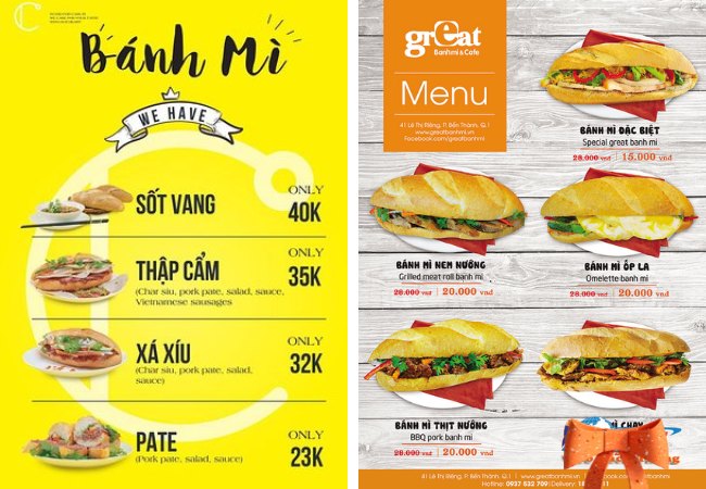 menu bánh mì  có màu sắc trẻ trung